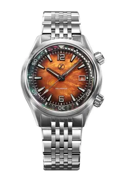 Zelos Helmsman SS, orange fumé mother-of-pearl dial, black mother-of-pearl internal bezel