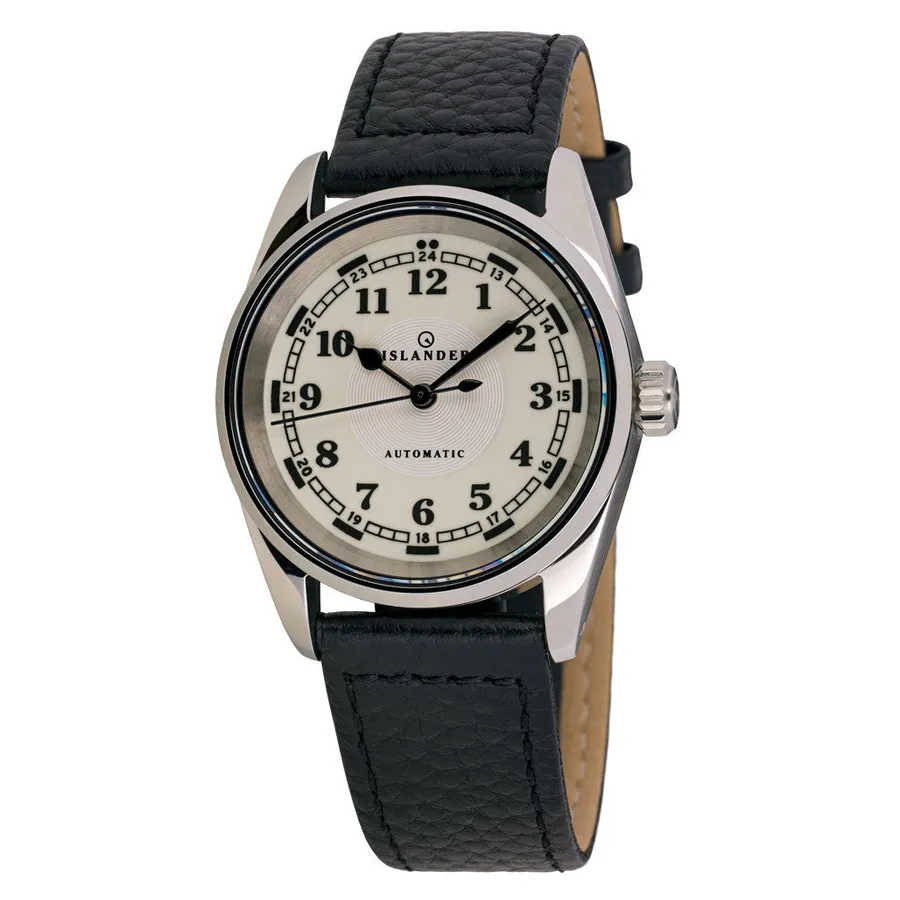 Islander Penn railroad watch with off-white lume-ring dial, black railroad hands and black leather strap