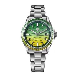 San Martin SN0150-A 39mm with spliced green and yellow mother-of-pearl dial and colour stone bezel on H-link bracelet