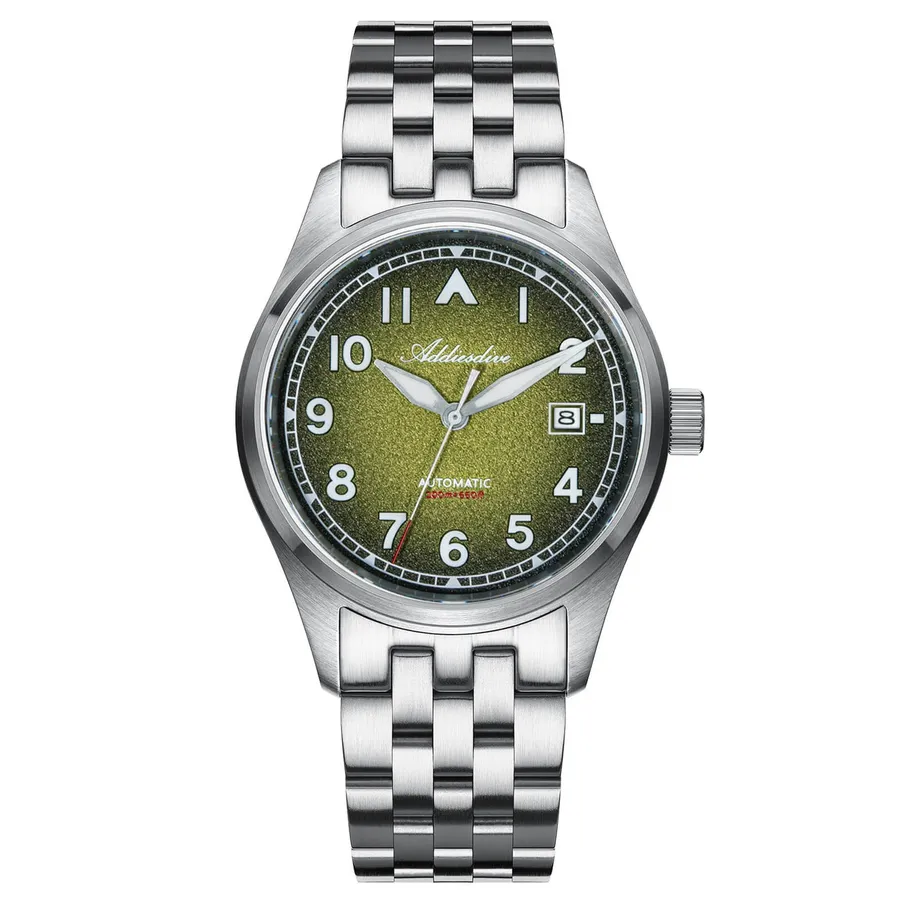 Addiesdive AD2562 with olive-green textured dial, Arabic numerals and a triangle at 12 on a five-link steel bracelet