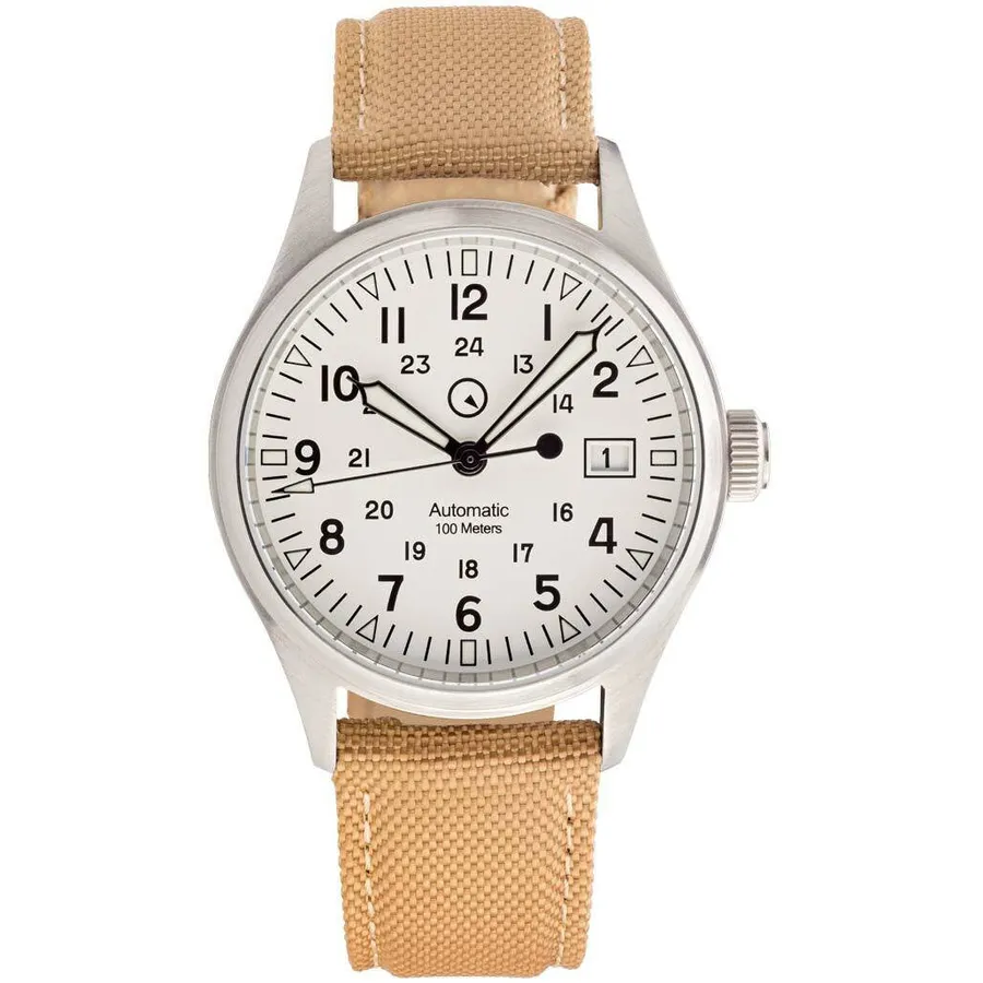 Islander Mitchel field watch with white dial and date at 3 on khaki nylon strap