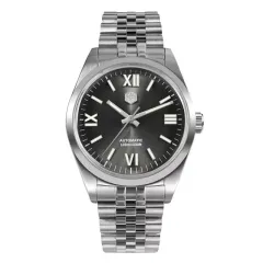 San Martin SN050-G 38.5mm with sunray gun grey dial, Roman numerals and five-link bracelet