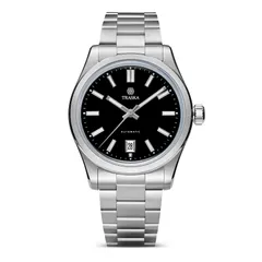 Traska Commuter 38 Date, black lacquered dial, front view