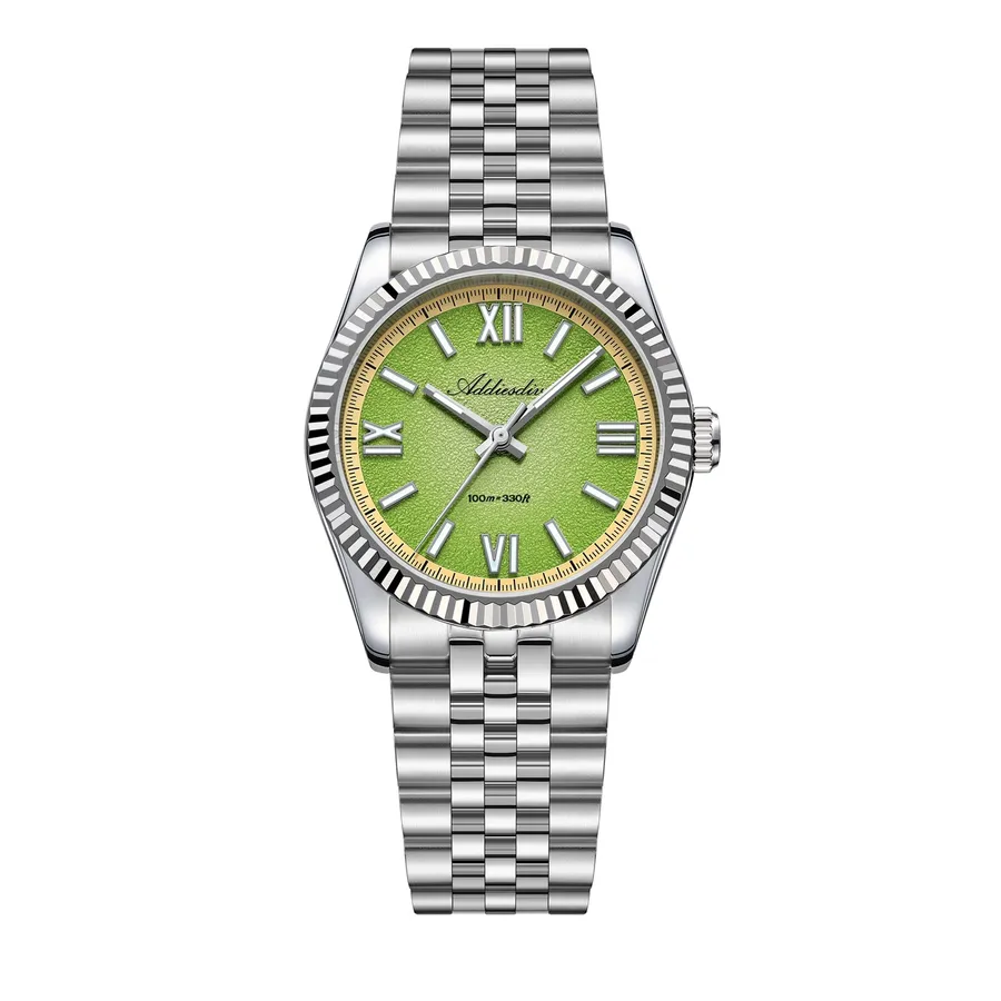 Addiesdive AD2535 with textured lime green dial, Roman numerals, fluted bezel and jubilee bracelet