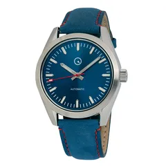 Islander automatic watch with sunburst blue dial and red seconds hand on blue suede strap