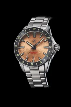 Zelos Spearfish 40mm 12Hr Copper, copper sunburst dial and charcoal 12-hour ceramic bezel, on steel bracelet