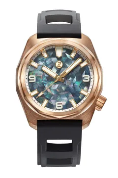 Zelos Hammerhead 43 Field in bronze, Tahitian mother-of-pearl mosaic dial, on black rubber strap