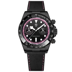 Pagani Design PD-1822 with black dial, pink chapter ring and black tachymeter bezel in a black case on rubber strap