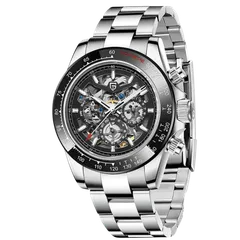 Pagani Design PD-1777 with skeletonised dial and black tachymeter bezel on steel bracelet