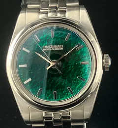 Cincinnati Watch Company Enamel over Hammered Finish, transparent teal green enamel over a hammered silver dial with applied stick markers, on a five-link bracelet