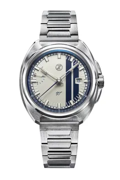 Zelos GT 40mm Argento, silver dial with navy racing stripes, on steel bracelet