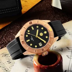 San Martin SN040-Q2 bronze diver with black dot-and-baton dial, applied hexagon logo and date at 3