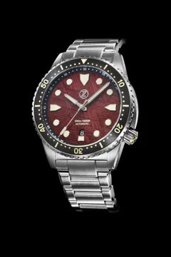 Zelos Great White V2 300m, red PVD meteorite dial, black ceramic bezel, on steel bracelet