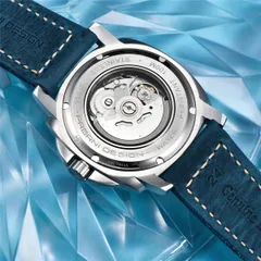 Pagani Design PD-YS014 display caseback engraved "Cal. NH35", PD-YS014 and "Water resistant 100M", showing a Seiko NH35A