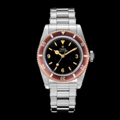 Thorn T028 with black dial and burgundy bezel insert on the steel bracelet
