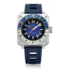Aquatico Steel Man GMT with blue dial and blue and white bezel, on blue rubber strap