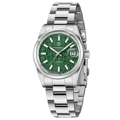 Pagani Design PD-1794M with green monogram-textured dial and polished steel bezel on Oyster-style bracelet