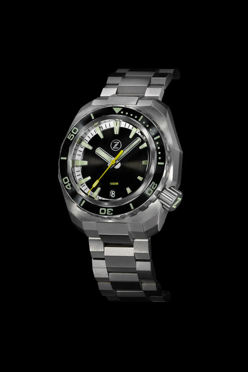 Zelos Hammerhead Titanium 1000m, black dial, black ceramic bezel, on titanium bracelet