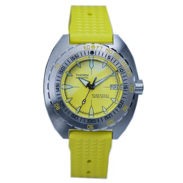Thorn Sub 300T with yellow dial in the steel case on a yellow rubber strap