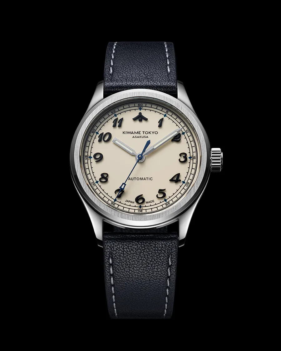 Kiwame Tokyo Mune Usuki, ivory lacquer dial with black applied numerals, on black leather strap, front view
