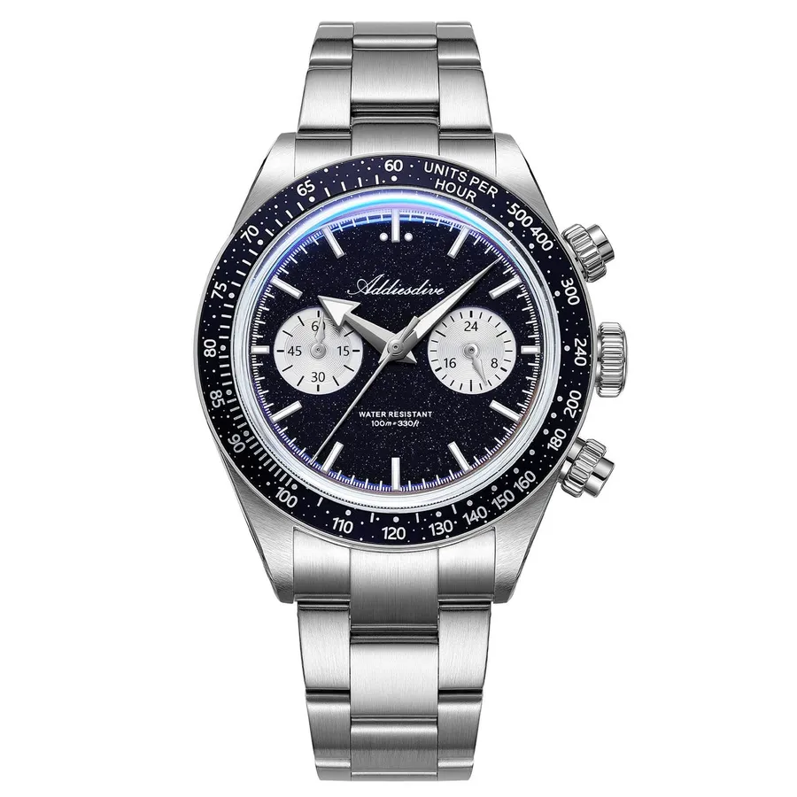 Addiesdive AD2558 chronograph with blue goldstone dial, silver sub-dials and blue tachymeter bezel on a three-link steel bracelet