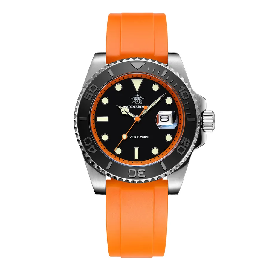 Addiesdive AD2040 with black dial, orange chapter ring and black bezel on an orange rubber strap