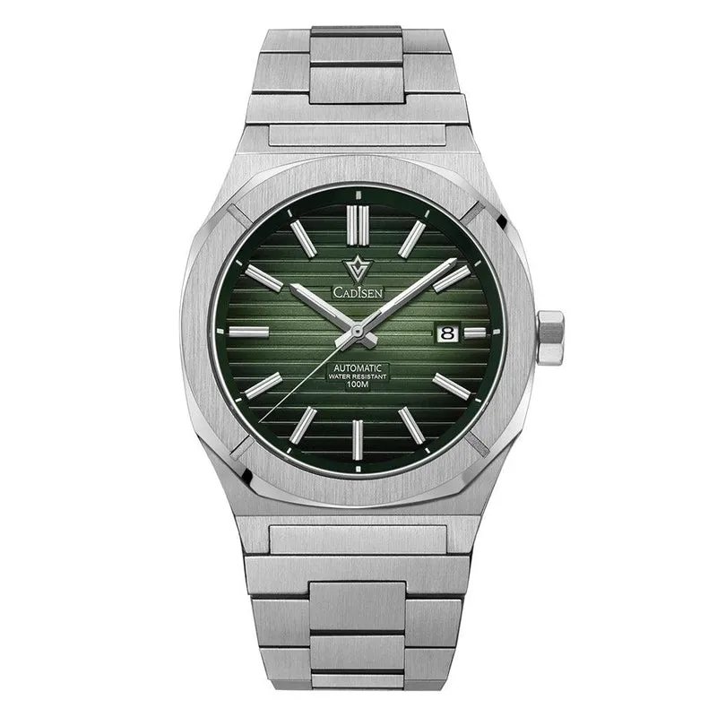 Cadisen C8200 integrated-bracelet automatic with green gradient horizontally striped dial and date at 3