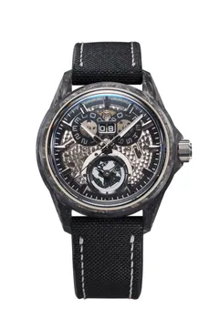 Zelos Spearfish Dual Time Carbon Moonscape, forged carbon case, smoked grey sapphire dial, on black canvas strap with white stitching