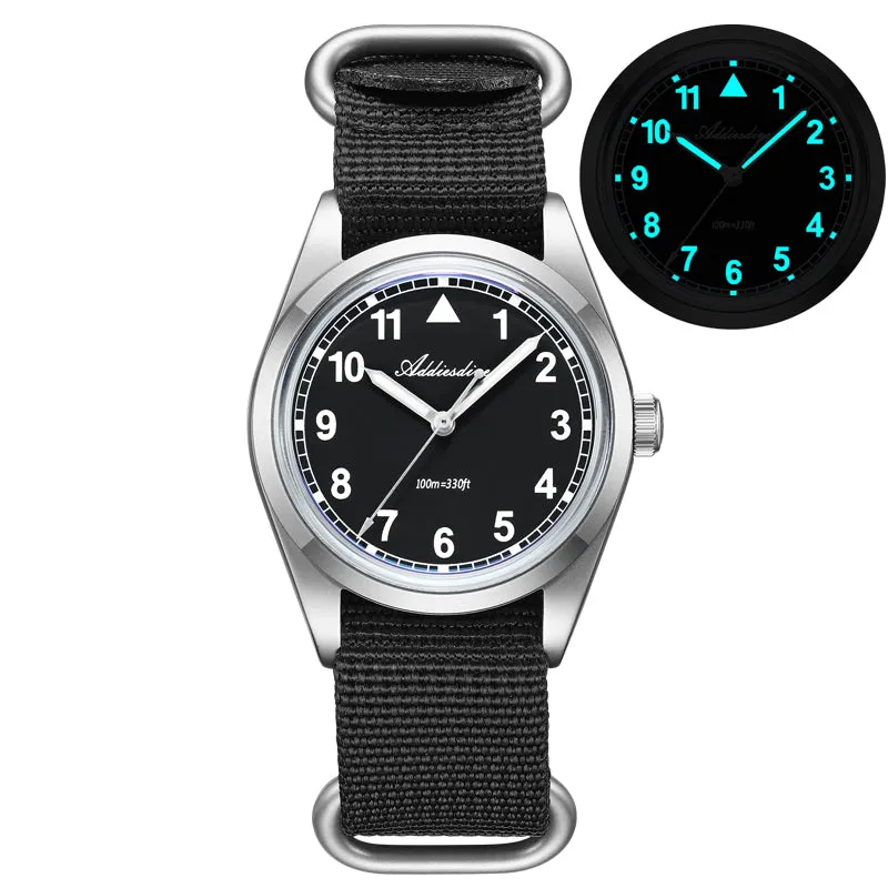 Addiesdive AD2079 Dial A, black dial with white numerals on a black nylon strap, with lume inset