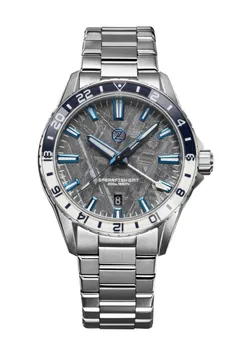 Zelos Spearfish GMT Meteorite, meteorite dial with blue hands and navy and white 24-hour bezel, on steel bracelet