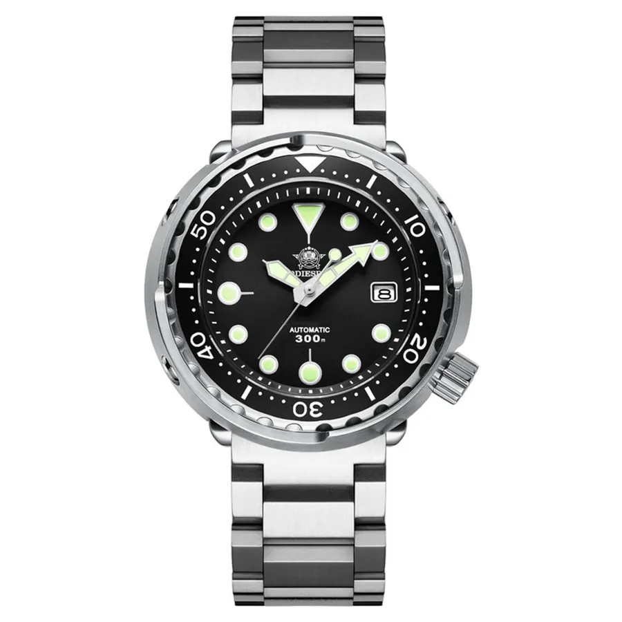 Addiesdive H5 tuna-style diver with black dial, round lume plots and black ceramic bezel on a three-link bracelet