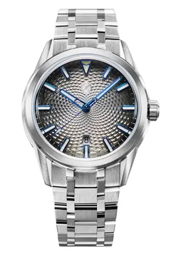 Zelos Helica 42 Steel Blue, silver-to-black fumé guilloché dial with blued hands and indices