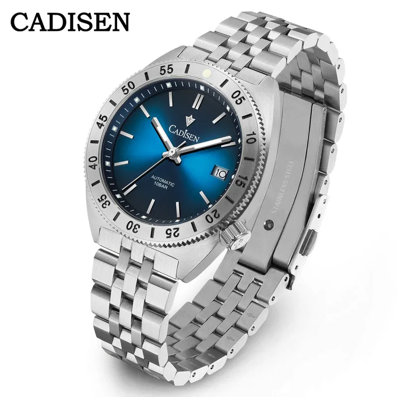 Cadisen C8230 automatic with blue gradient dial, engraved 60-minute steel bezel and date at 3 on a jubilee-style steel bracelet