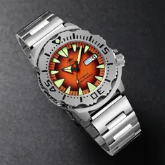Addiesdive AD2103 with orange dial, angled view of the case and bracelet