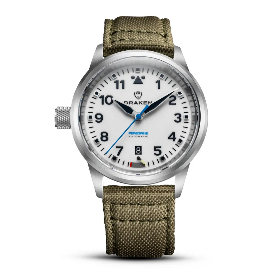 Draken Peregrine B in steel with a white dial and left-hand crown on an olive sailcloth strap