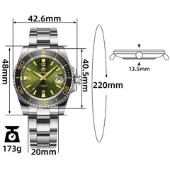 Addiesdive AD2085 dimension graphic (42.6mm, 48mm lug-to-lug, 40.5mm bezel, 13.5mm, 20mm, 173g)