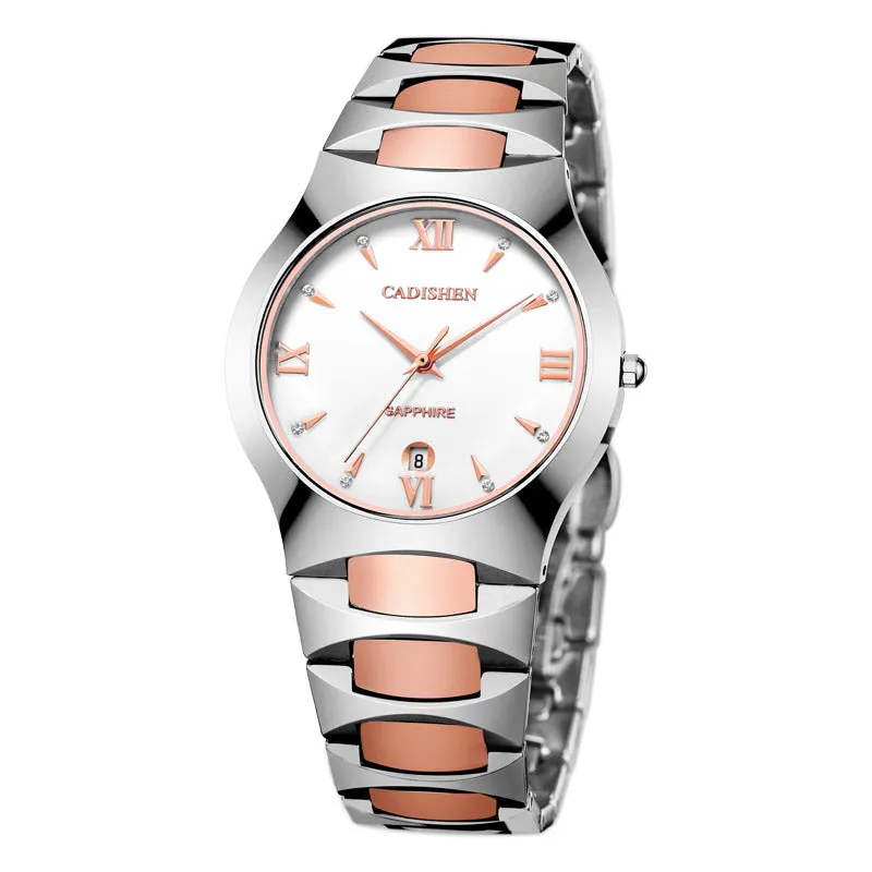 Cadisen C5053 with white dial, rose gold Roman numerals and date at 6 on a tungsten bracelet with rose gold-tone links