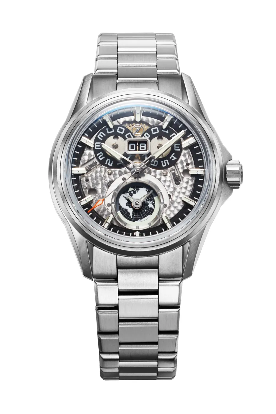 Zelos Spearfish Dual Time Ti Spark, clear sapphire dial with big date at 12 and world sub-dial at 6, on titanium bracelet