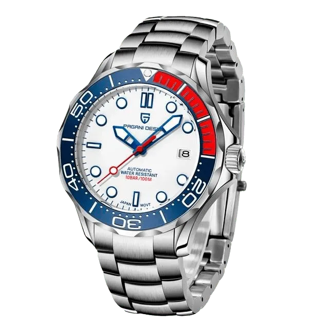 Pagani Design PD-1667 with white dial and blue and red bezel on steel bracelet