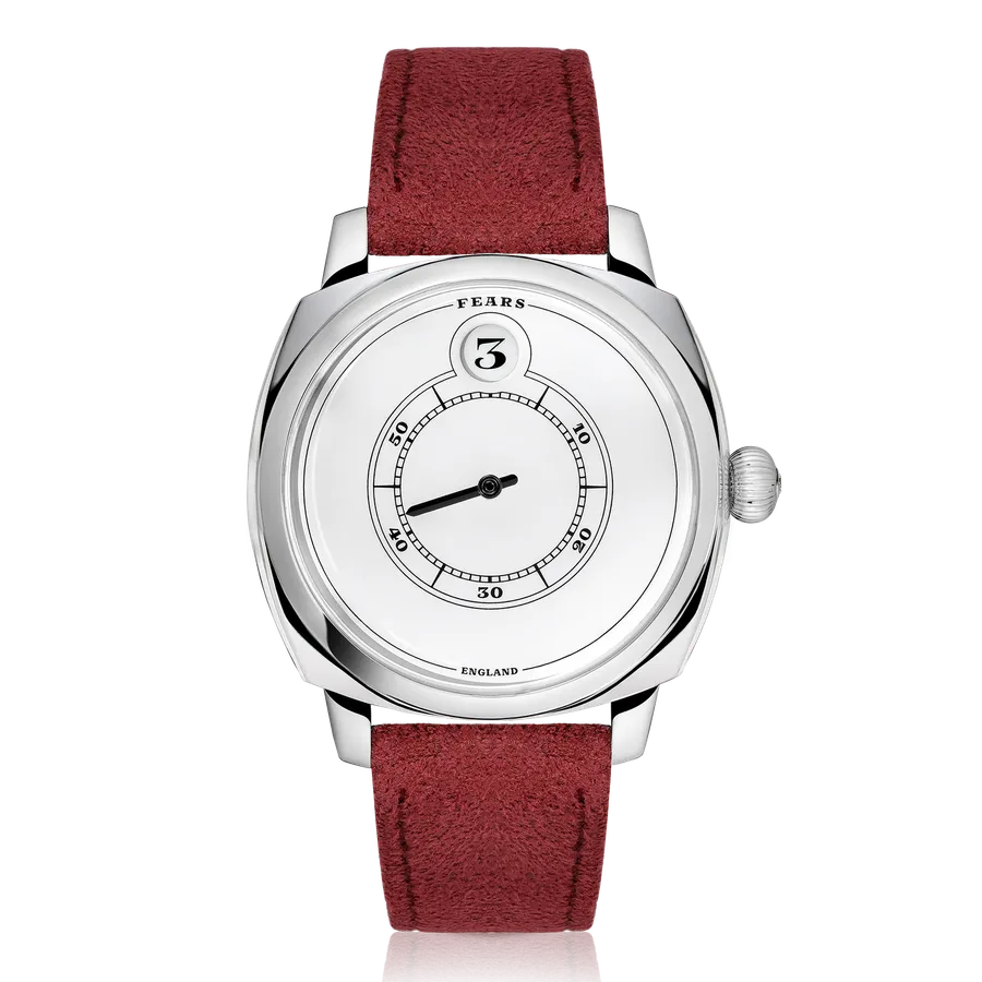Fears Brunswick 40.5 Jump Hour Edwardian Edition in sterling silver with white lacquer dial on a red Alcantara strap