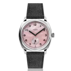 Fears Brunswick 38 Orchid with pink-tinted mother-of-pearl dial on a grey Alcantara strap
