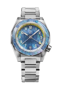 Zelos Thresher 41mm in titanium, blue mother-of-pearl dial and bezel, on titanium bracelet