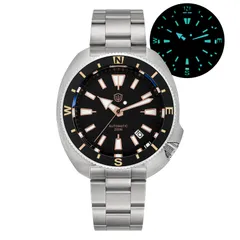 Watchdives WD6105 with black dial, sword hands and compass bezel on the 3-link bracelet, with lume shot
