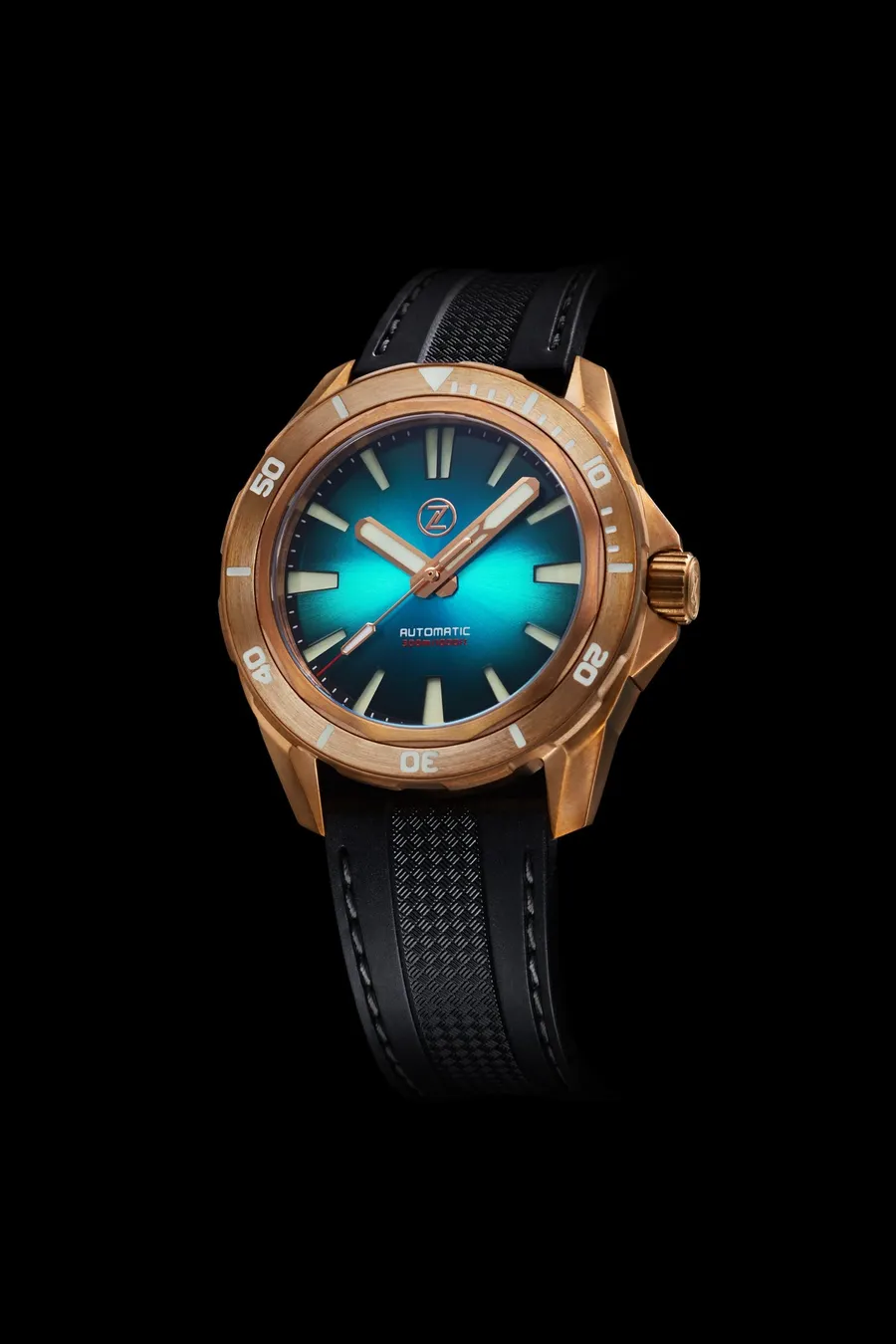 Zelos Swordfish Bronze 300m Diver NH35, teal sunburst dial and bronze bezel, on rubber strap