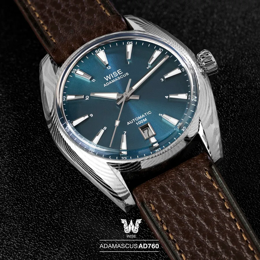 Wise Adamascus AD760 in Damascus steel, deep aqua blue sunburst dial, on brown leather strap