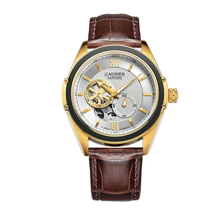 Cadisen C8102 open-heart automatic with white dial in a gold-tone case with black bezel on a brown leather strap