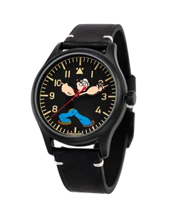 Undone x Popeye 95th Anniversary Members Edition with black case and black pilot-style Popeye dial on a black leather strap