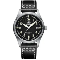 Addiesdive H2 with black dial on a black leather strap with white stitching
