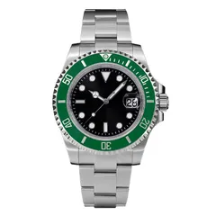 San Martin SN019-G with black dial and green ceramic bezel on steel bracelet