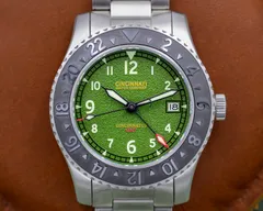 Cincinnati Watch Company Cincinnatus GMT, green grained dial with date at 3, black ceramic 24-hour bezel, on steel bracelet